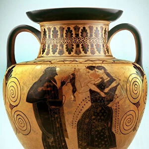 Painting on vase: Dionysos (Bacco) greeting two menades dancing