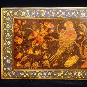 A Safavid dynasty lacquer bookcover depicting a parrot perching on the branch of an apple blossom (one of a pair), c. 1659-1660 (lacquer bookcover, painted in colours and gold)