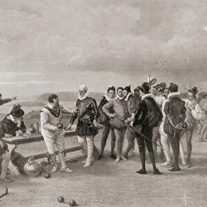 Sir Francis Drake playing bowls, with the Spanish Armada in sight at Plymouth Hoe, England in 1588
