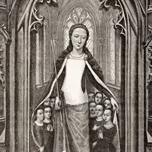 St. Ursula holding an arrow, the symbol of her martyrdom, and protecting virgins beneath her cloak