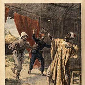 Suicide attempt by Samory (or Samori) Toure (1830-1900), ruler of a territory comprising present-day Guinee and Burkina Faso (Burkina Faso) and fighting French colonization in West Africa, he stabbed himself while captivated by French troops