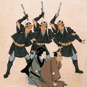 Traditional Japanese theatre: three men-at-arms threaten a male and a female character, 1900 (illustration)