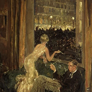 View of an interior with a couple watching the arrival of the Jarrow Marchers in London through a window, 1936 (oil on canvas)