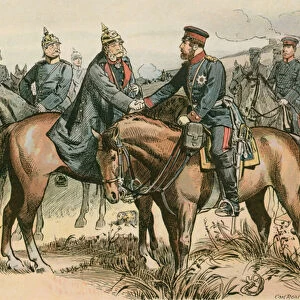 Wilhelm I, King of Prussia and first German Emperor (1797-1888) greeting his son at Sadowa in 1866 (colour litho)