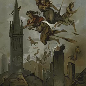 Witches flying on broomsticks (chromolitho)
