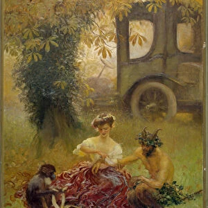 A young woman assisted by a monkey heals a wildlife (painting)