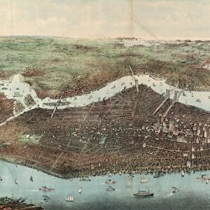 Birds eye view of greater New York with Battery Park on the right and showing