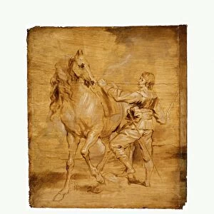 Man Mounting Horse ca 1630 Oil wood 10 x 8 3 / 4