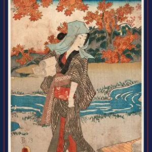 Momiji to onna, A woman beneath maple leaves. Utagawa, Toyokuni, 1786-1865, artist, 1854