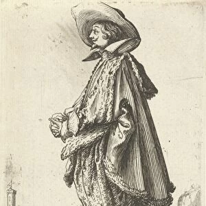 Noble man with hat, seen on the left, Jacques Callot, print maker: Anonymous, Frederik