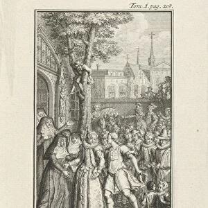 Richly dressed woman surrounded by a crowd of curious people, Jacob Folkema, 1702 - 1767