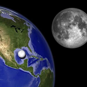 Illustration of Enceladus in front of the Earth and next to Earths moon