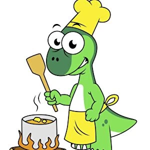 Illustration of a Parasaurolophus dinosaur cooking