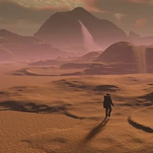 The lone figure of an explorer watching the sandfalls of a barren planet