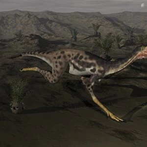 Mononykus dinosaur running at night