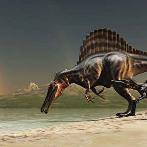 A mother Spinosaurus brings her offspring to a lake for a drink of water