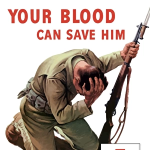 Vintage World War II poster of a soldier kneeling and holding his head