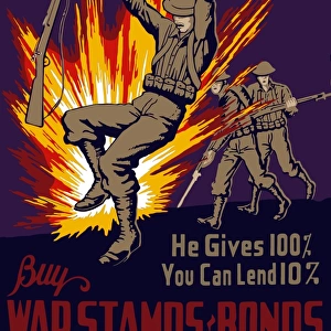 Vintage World War II poster of three soldiers in combat