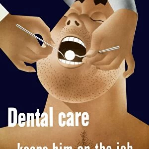 Vintage WW2 poster of a cartoon sailor having his teeth inspected