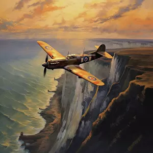 AI IMAGE - Spitfire aircraft flying over the White Cliffs of Dover, 1940s, (2023). Creator: Heritage Images