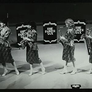 All-female quartet The Fairer Sax performing at the Forum Theatre, Hatfield, Hertfordshire, 1987