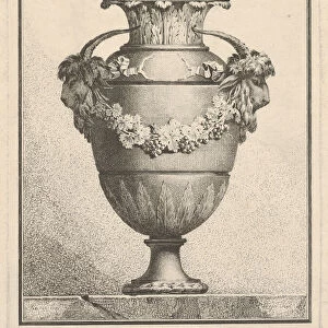 Design for a covered vase with two goat heads and a garland, 1764. Creator: Bossi
