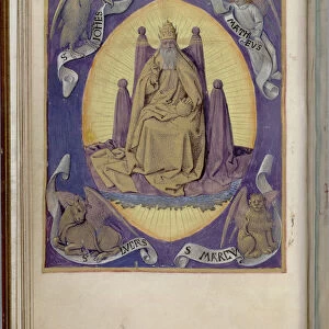 God the Father with symbols of the four Evangelists in the corners. (Book of Hours), 1450-1499. Artist: Fouquet, Jean (workshop)