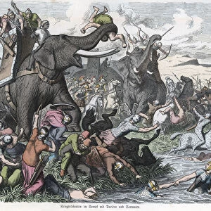 Greeks with elephants fighting against Dacians and Sarmatians, engraving 1865