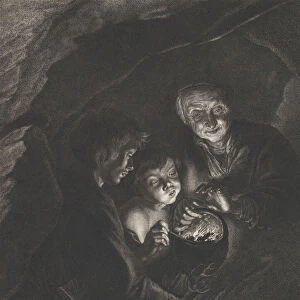 Night scene in a cave with an old woman holding burning coals in a pot, a boy blowi