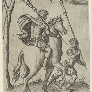 Scipio Africanus on horseback preceeded by a foot soldier holding a standard, ca... ca. 1500-1534. Creator: Marcantonio Raimondi