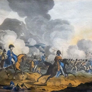 The Battle of Salamanca, 22 July 1812, during the Peninsula War. Wellington is seen to the left in a blue coat amidst the troops of his Anglo-Portuguese army. A Spanish division was also present, tasked with blocking French escape routes. After a work by William Heath
