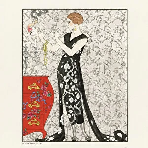 EDITORIAL Fumee. Smoke. Robe du Soir, De Beer. Evening dress by Gustav Beer. Art-deco fashion illustration by French artist George Barbier, 1882-1932. The work was created for the Gazette du Bon Ton, a Parisian fashion magazine published between 1912-1915 and 1919-1925