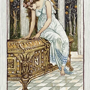 Pandora Desires to Open the Box. After a work by British artist Walter Crane used in A Wonder Book for Girls and Boys, by Nathaniel Hawthorne in an edition published in Boston, 1910. The earliest version of Pandora opening the box to release the evils of humanity has been traced back to ancient Greek poet Hesiod
