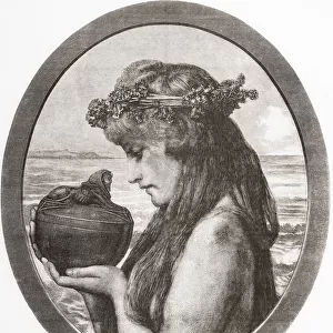 Pandora. In Greek mythology Pandora opened a jar thereby releasing all the evils of humanity. From Ilustracion Artistica, published 1887