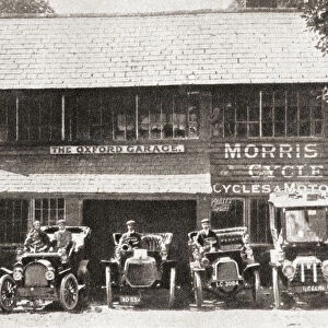 A row of early Morris cars parked outside The Oxford Garage, Cowley, England, the start of the Morris Motor Company, 1912. From The Pageant of the Century, published 1934
