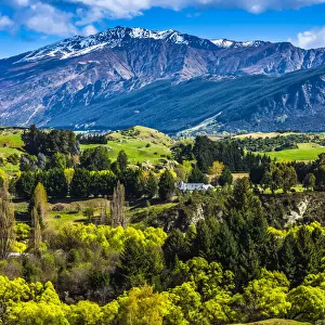 Scenic view of the fertile farmland of the Wakatipu Basin near Queenstown, Otago, New Zealand