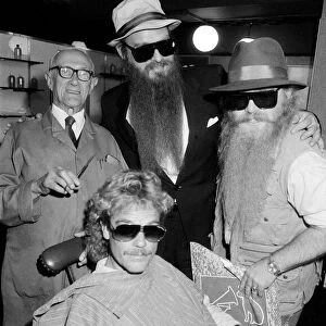 American rock group ZZ Top at a barbers, Birmingham, 16th August 1985