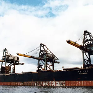 Giant coal carrier berthed at British Steels Redcar terminal. 16th July 1991