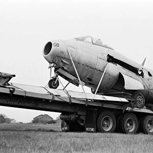 A Saab J29 "Flying Barrel"jet aircraft arrives at its new home at Coventry