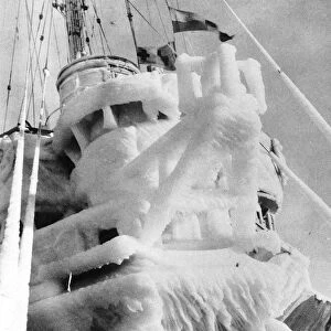 WW2 British ship covered in ice during a North Atlantic patrol. 1943