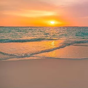 Beautiful sunrise beach. Exotic dramatic shore waves on sand, sea surface. Closeup tropical Mediterranean dream sunset sky. Peaceful tranquil relax