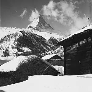 Mountain huts in the valley beneath the Matterhorn