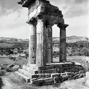 View of the remaining four columns with trabeation of the Temple of Castor and Pollux in the Valley of Temples in Agrigento
