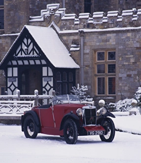 1930 MG M type in snow at Palace House, Beaulieu