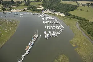 Prints of Beaulieu River Aerial view showing marina at Bucklers Hard Images Dated 2008 June: Beaulieu River Aerial view showing marina at Bucklers Hard