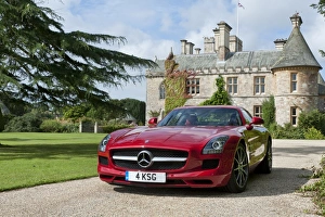 Prints of E01180 Mercedes Benz AMG SLS 6.3 2011 on driveway of Palace House Images Dated 2012 August: E01180 Mercedes Benz AMG SLS 6. 3 2011 Gullwing